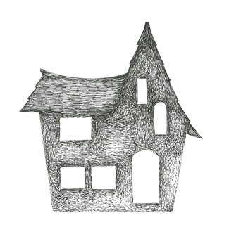 【ハロウィン素材】洋風の住居のシルエット 家,建築物,シルエット,手描き,リアル,モノクロ,挿絵,白バック,線画,イラストのイラスト素材