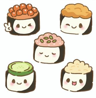 かわいい軍艦巻きキャラセット 寿司,軍艦巻き,巻き寿司,ご飯,米,和食,食べ物,料理,ネギトロ,ツナマヨのイラスト素材