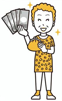  大阪のおばちゃん(黄)-092-全身 財布,おばちゃん,大阪,ヒョウ柄,おばはん,中年,女性,関西,派手,おばさんのイラスト素材