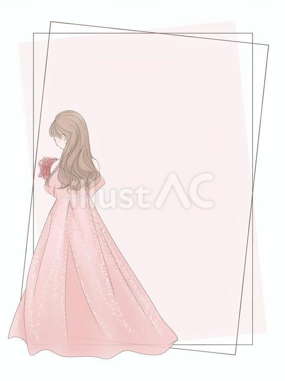 	ピンクドレスの後ろ姿の女性のフレーム ウェディング,フレーム,コピースペースのイラスト素材