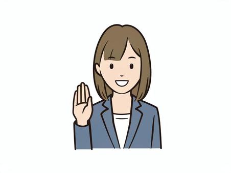 笑顔で手を挙げる女性ビジネスイラスト 女性,ビジネス,ol,笑顔,挙手,はい,こっち,挨拶,案内,説明のイラスト素材