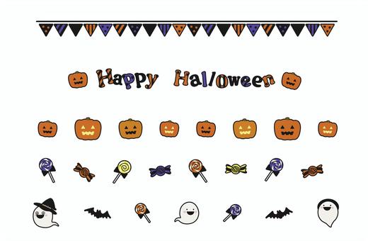 ハロウィンラインセット（線あり ハロウィン,ライン,セット,かぼちゃ,キャンディ,お菓子,オバケ,コウモリ,ジャックオーランタン,文字のイラスト素材