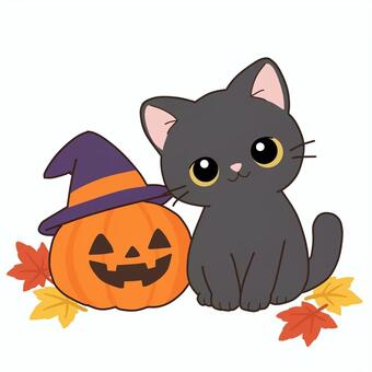 ジャックオランタンと黒猫のイラスト 黒猫,ハロウィン,猫,ネコ,ジャックオランタン,落ち葉,かぼちゃ,秋,ねこ,手書き風のイラスト素材