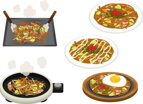 焼きそばセット 焼きそば,ソース,やきそば,青のり,紅しょうが,マヨネーズ,鉄板,ホットプレート,鉄皿,目玉焼きのイラスト素材