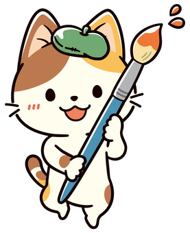 大きな絵筆で絵を描く可愛い三毛猫 芸術,画家,アーティスト,美術,猫,創作活動,絵筆,アート,芸術の秋,絵具のイラスト素材