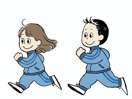 走るジャージ男女 人物,走る,ランニング,運動,トレーニング,笑顔,ミニキャラ,可愛い,手書き,茶髪のイラスト素材