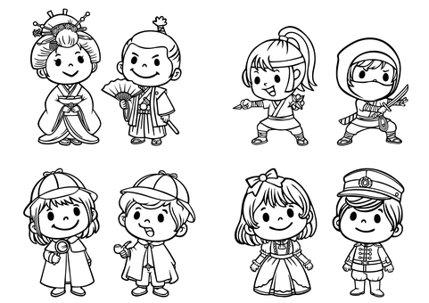 子供職業体験（白黒）-5 名探偵,探偵,推理,謎解き,事件,脱出ゲーム,忍者,忍び,くノ一,お殿様のイラスト素材