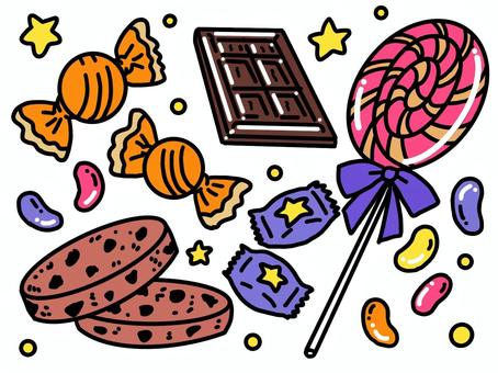 おかし おかし,キャンディー,クッキー,飴玉,チョコ,ジェリービーンズ,かわいい,ハロウィーンのイラスト素材