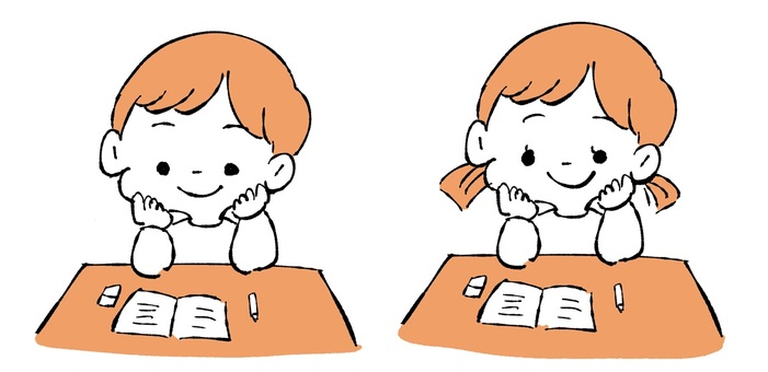 子供 頬杖,子供,笑顔,授業,小学校,小学生,女の子,男の子のイラスト素材