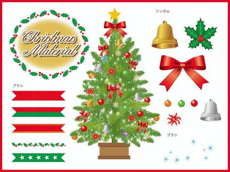 Christmas material, christmas tree, ribbon, bell, JPG, PNG and AI