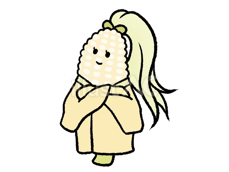 座って上を見上げるとうもろこしの町娘 とうもろこし,見上げる,ホワイトコーンのイラスト素材