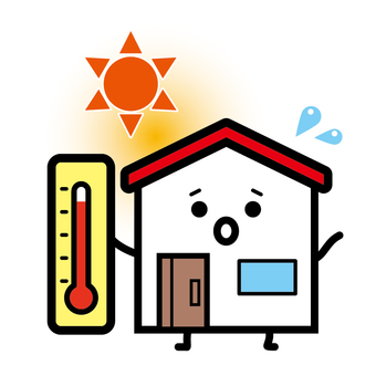 猛暑日について考えるお家さん 猛暑,暑い,家,太陽,熱,キャラクター,困るのイラスト素材
