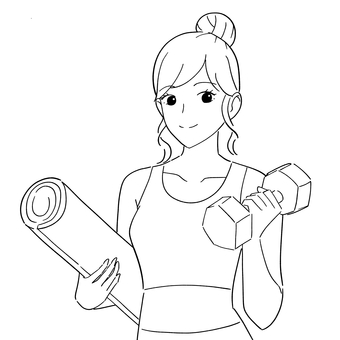 ダンベルとヨガマットの女性　白黒イラスト 女性,成人,若い,ダンベル,ヨガマット,持つ,筋トレ,鍛える,エクササイズ,フィットネスのイラスト素材