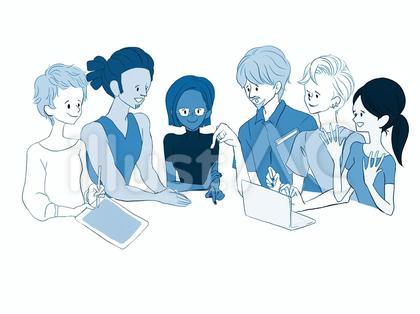 会議する人々　青