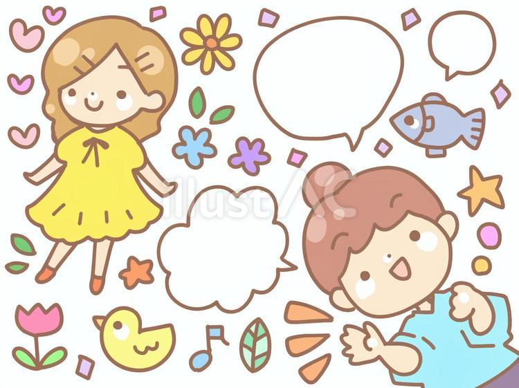 らくがきいろいろ2 女の子,魚,ひよこのイラスト素材