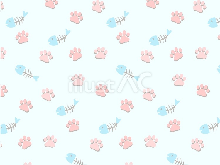 猫の足跡と魚のPOPでかわいい背景素材2 猫,肉球,魚のイラスト素材