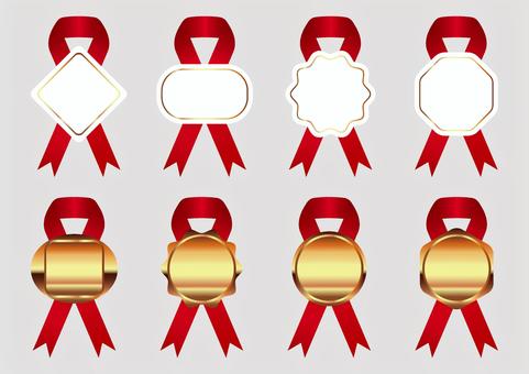 交差リボン付きのラベルとメダルのセット赤 リボン,ラベル,メダル,シール,飾り,帯,ラッピング,賞,アワード,印のイラスト素材