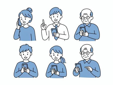 スマホを操作する老若男女のイラストセット 老若男女,全世代,若者,シニア,老人,男性,女性,人物,世代,スマートフォンのイラスト素材