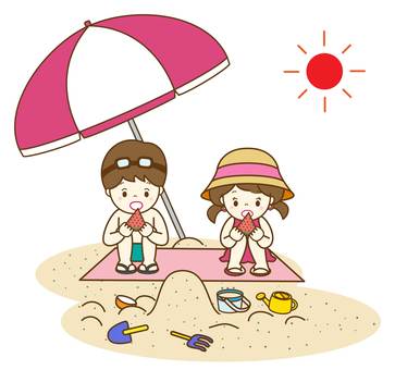 砂浜でスイカを食べる子供たち2 砂浜,海水浴場,海水浴,子供,レジャー,男の子,女の子,かわいい,幼い,楽しいのイラスト素材