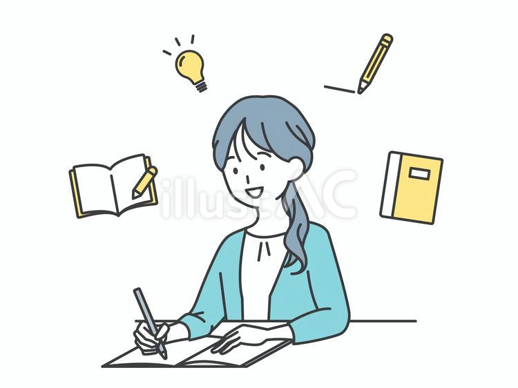 勉強するビジネスウーマン（アイコン付き） 人物,女,勉強のイラスト素材