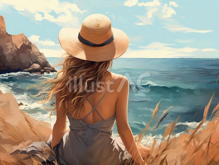海を眺める女性イラストイラスト - No: 24130840｜無料イラスト