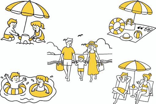 夏休みの海水浴シーンコレクション 夏,海,ビーチ,海岸,浜辺,海水浴,夏休み,レジャー,旅行,リゾートのイラスト素材