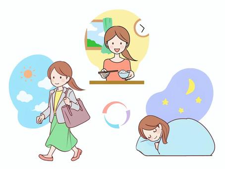 規則正しい生活をおくる女性 長袖スーツ版 健康習慣,健康管理,生活習慣,女性,スーツ,食事,睡眠,運動,生活リズム,バランスのイラスト素材