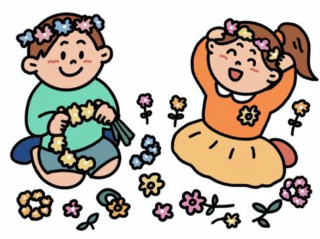 花かんむりで遊ぶ子ども 花かんむり,遊ぶ,子ども,花,かわいい,やさしい,春のイラスト素材
