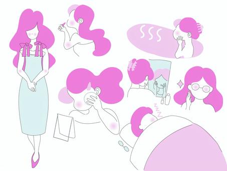 女の子の1日 人物,女性,日常,メガネ,夏服,おしゃれ,コスメ,化粧,スキンケア,美容のイラスト素材