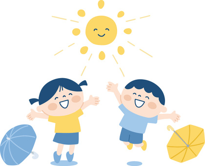 久しぶりの晴れに喜ぶ2人 晴れ,晴れる,快晴,天気,天候,秋晴れ,太陽,空,子ども,男の子のイラスト素材