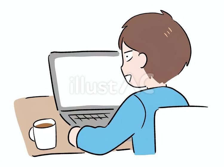 笑顔でパソコンの画面を見ている私服の男性 男性,パソコン,笑顔のイラスト素材