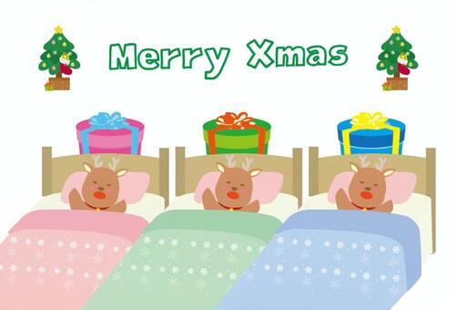 クリスマスに眠るトナカイ クリスマス,トナカイ,プレゼント,クリスマスツリー,ベッド,睡眠,雪,冬,靴下,星のイラスト素材