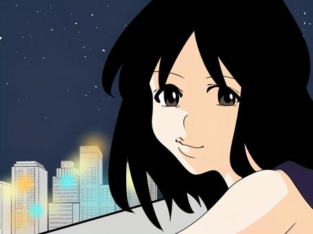 夜景と女の子のイラスト