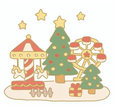 クリスマス遊園地 クリスマス,クリスマスツリー,木,星,もみの木,観覧車,メリーゴーランド,馬,ユニコーン,遊びのイラスト素材