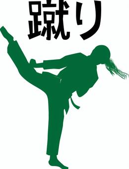 空手回し蹴り 空手,格闘技,動き,動作,回し蹴り,技,選手,女子,漢字,緑のイラスト素材