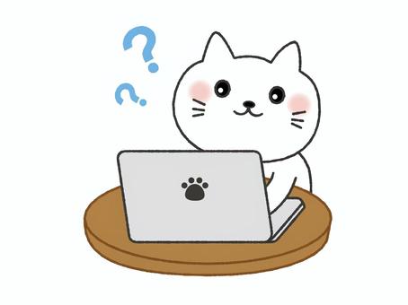 パソコンをする猫　はてな 猫,パソコン,パソコン教室,かわいい,はてな,悩む,頬杖,謎,疑問,クエスチョンのイラスト素材