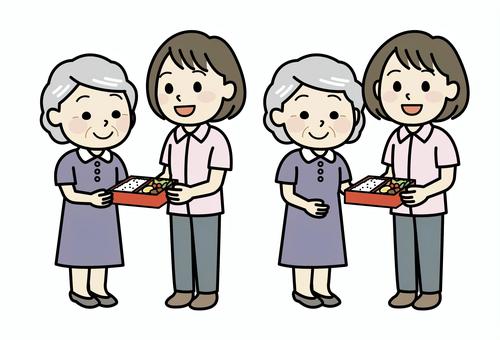 お弁当を宅配する女性と受け取るお年寄り 配食,宅食,サービス,配達,お弁当,高齢者,宅配,シニア,女性,独居老人のイラスト素材