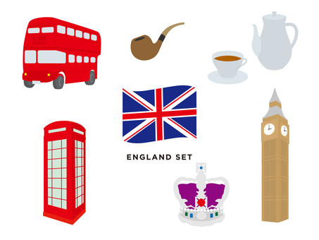 イギリス　イラストセット イギリス,国旗,バス,パイプ,紅茶,電話ボックス,王冠,王室,ビックベン,時計台のイラスト素材