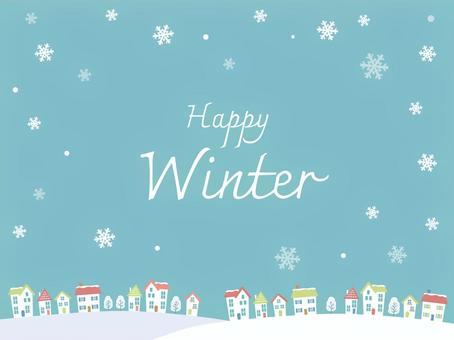かわいい雪の街並みの背景 ウィンター,ハッピーウィンター,街,家,街並み,雪,雪の結晶,雪景色,冬,冬景色のイラスト素材