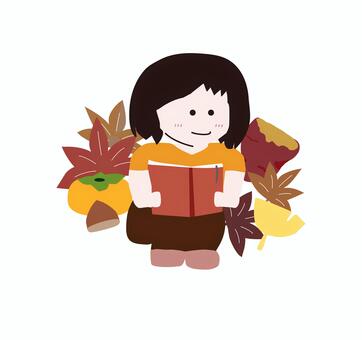 読書の秋のアイキャッチ用のイラスト 読書,本,ベクター,ブック,秋,紅葉,もみじ,落ち葉,栗,柿のイラスト素材