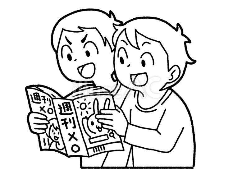 【白黒】友達と漫画を読む【線画】 漫画,雑誌,少年誌のイラスト素材