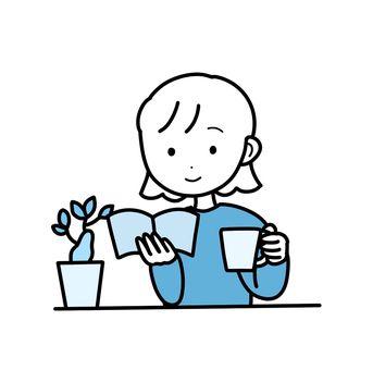シンプル読書女（b） シンプル,読書,女,人,本,マグカップ,植物,観葉植物,ボブヘア,線画のイラスト素材