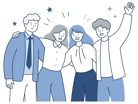 肩を組む仲良し男女のビジネスチーム 人物,男性,女性,ビジネス,同僚,仲良し,チーム,友人,グループ,喜びのイラスト素材