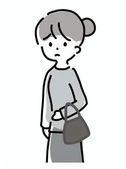 カバンを持つ女性　困り顔　白黒イラスト 女性,カバン,買い物,白黒,バッグ,シンプル,ラフタッチ,かわいい,手書き風,感情のイラスト素材