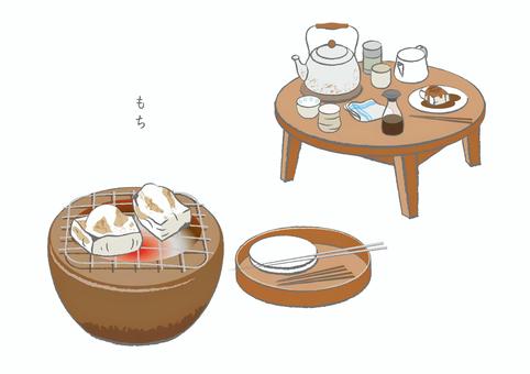 焼き餅 食べ物,餅,火鉢,ちゃぶ台,食卓,お盆,お茶,やかん,醤油,冬のイラスト素材