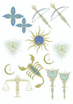 さそり等の神秘的なモチーフ素材詰め合わせ さそり,天秤,弓矢,太陽,花,ハート,月,星,青,金のイラスト素材