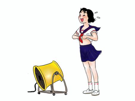 あっちぃ～ 人物,中学生,女の子,セーラー服,汗,暑い,送風機,全身,手書きのイラスト素材