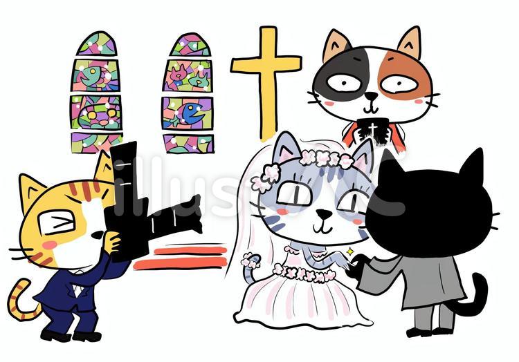 結婚式の4匹の猫 結婚式,新郎,新婦のイラスト素材