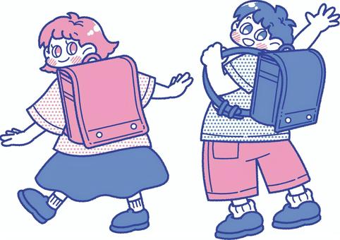 ランドセルを背負った笑顔の男の子と女の子 小学生,子ども,入学,一年生,ランドセル,春,4月,学校,男の子,女の子のイラスト素材