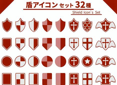 盾のアイコン詰合せ32種_赤 盾,アイコン,セット,防御,守る,保護,it,ビジネス,安全対策,防止のイラスト素材